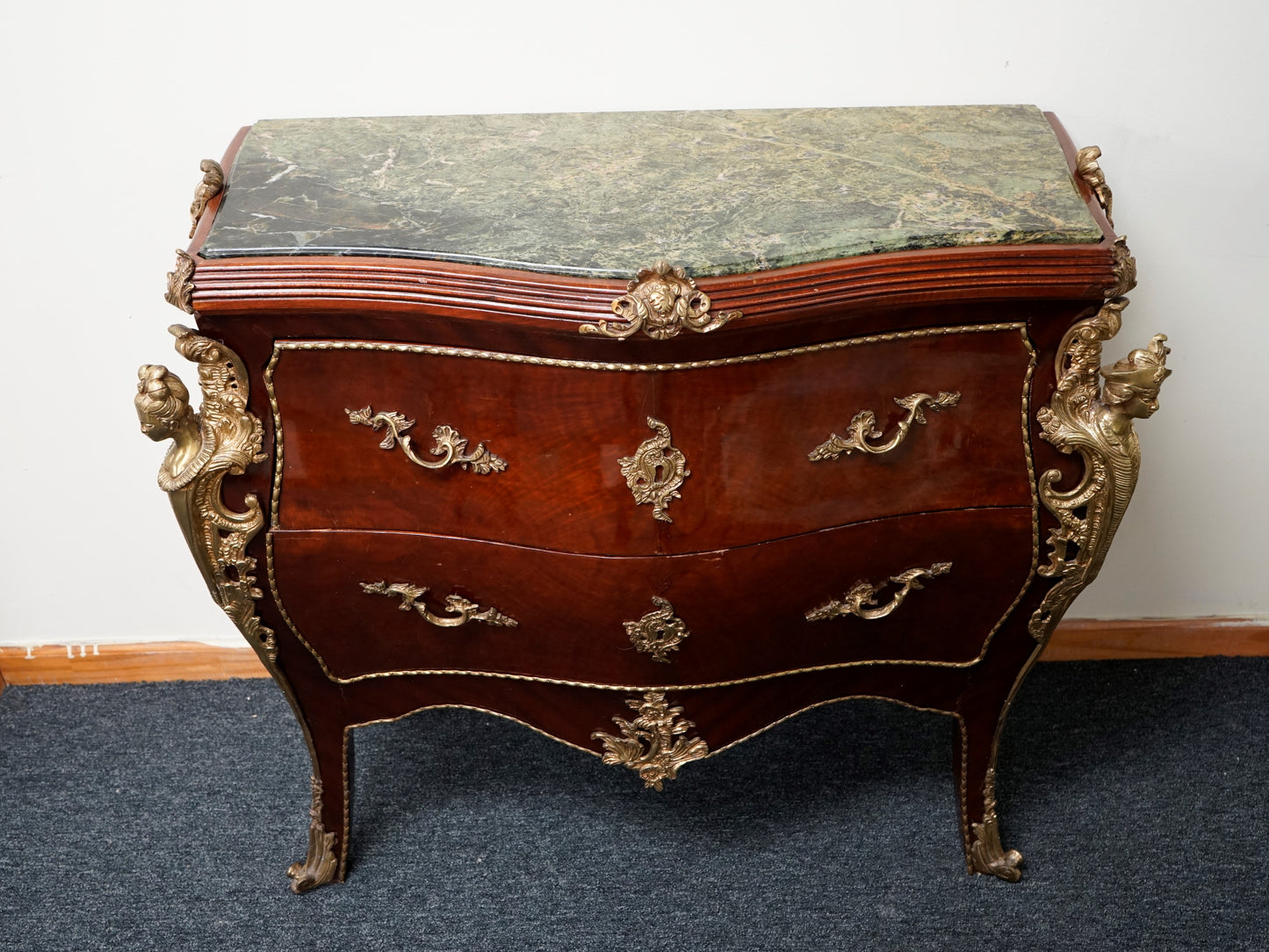 French Louis XV-Style Gilt Bronze Marble Top Mounted Commode