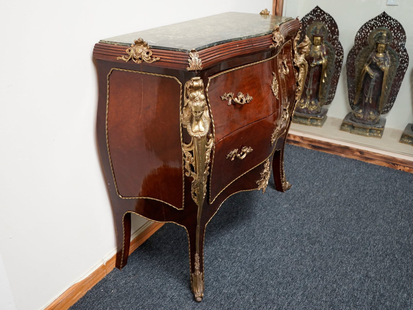 French Louis XV-Style Gilt Bronze Marble Top Mounted Commode