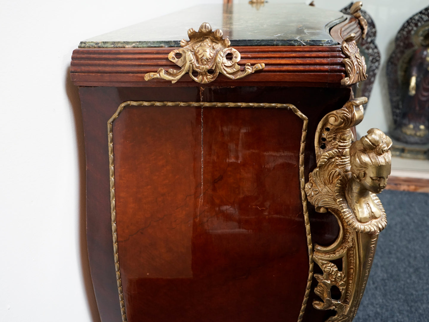 French Louis XV-Style Gilt Bronze Marble Top Mounted Commode