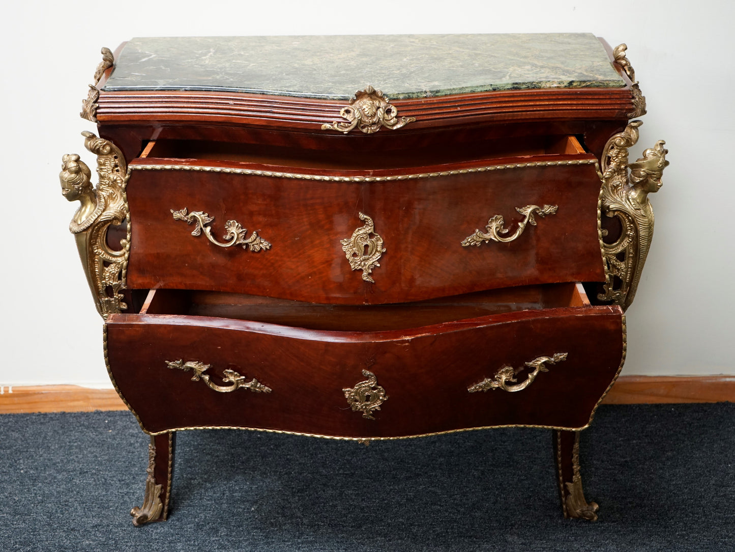 French Louis XV-Style Gilt Bronze Marble Top Mounted Commode