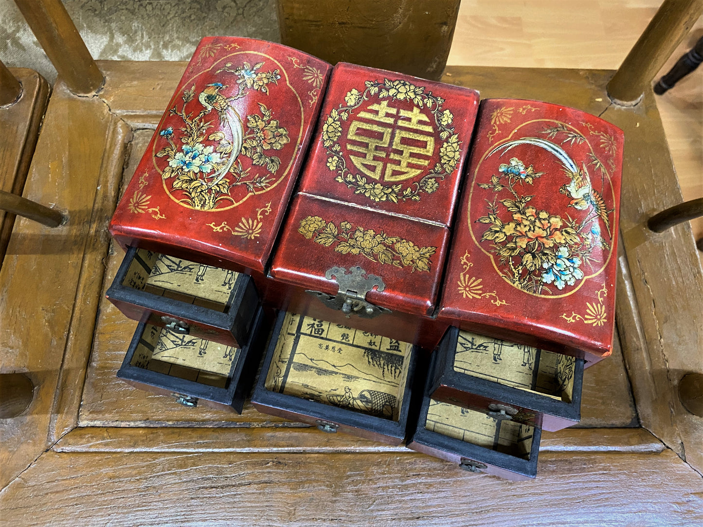 Old China Red Lacquerware Palace Mirror Drawer Jewelry Box