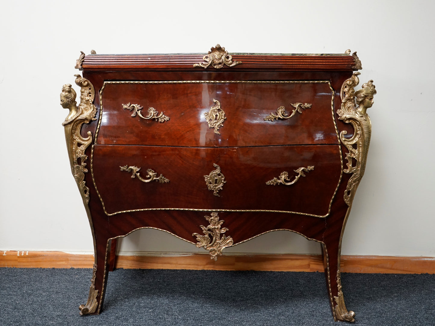 French Louis XV-Style Gilt Bronze Marble Top Mounted Commode