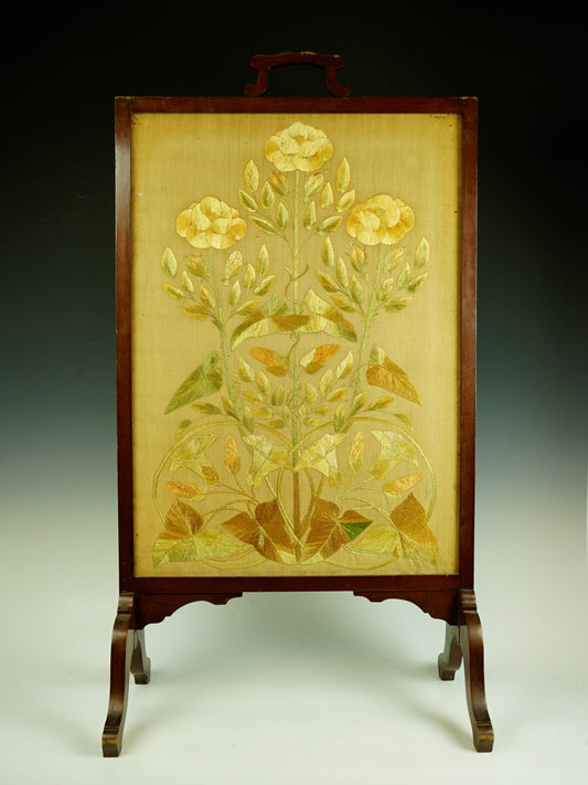 Victorian Hand Embroidered Silk and Mahogany Fire Screen