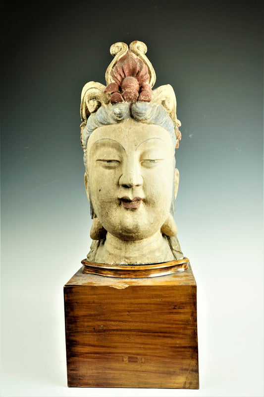 A Chinese Carved Wood Figure Of Guanyin Head