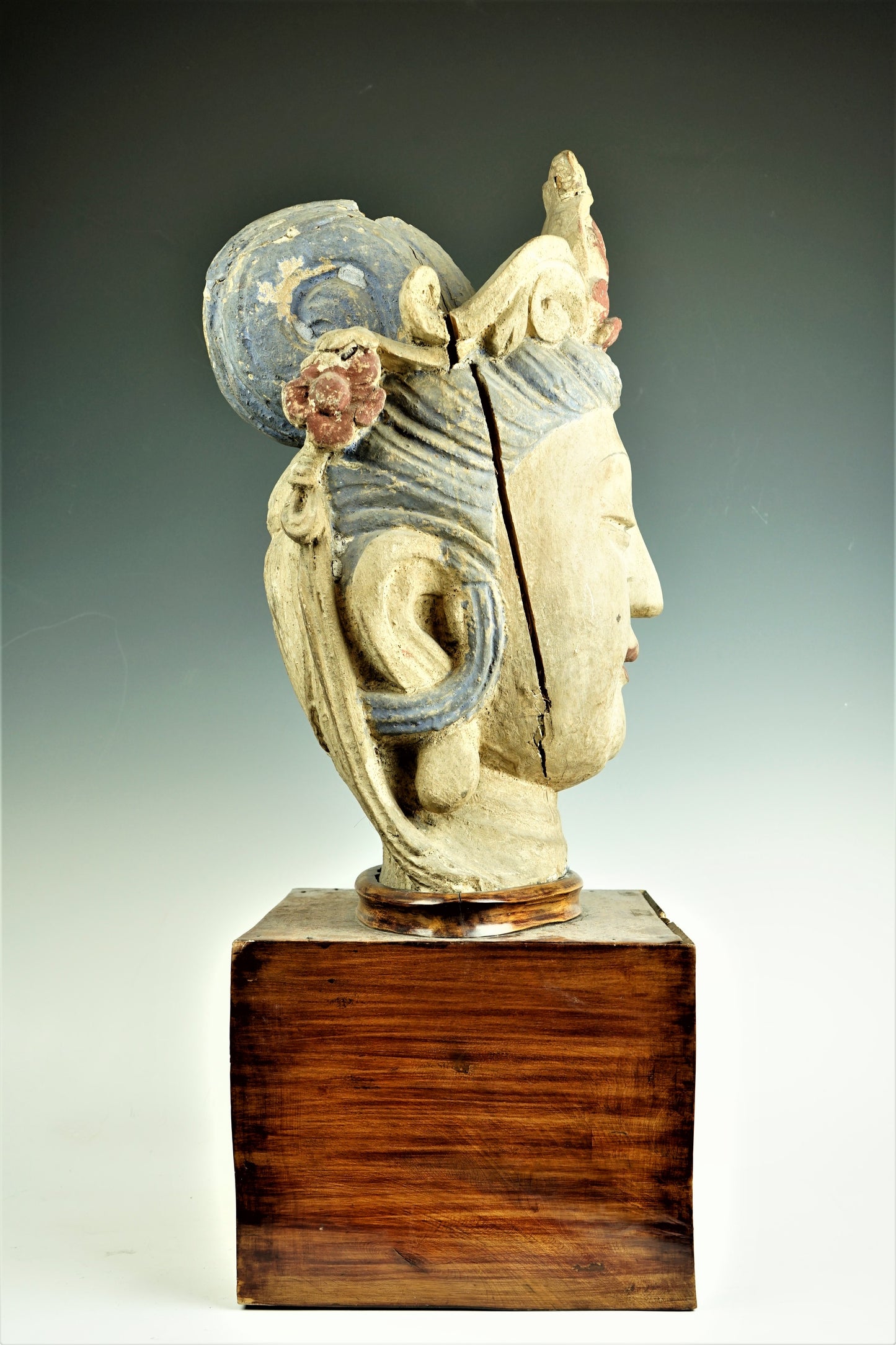 A Chinese Carved Wood Figure Of Guanyin Head