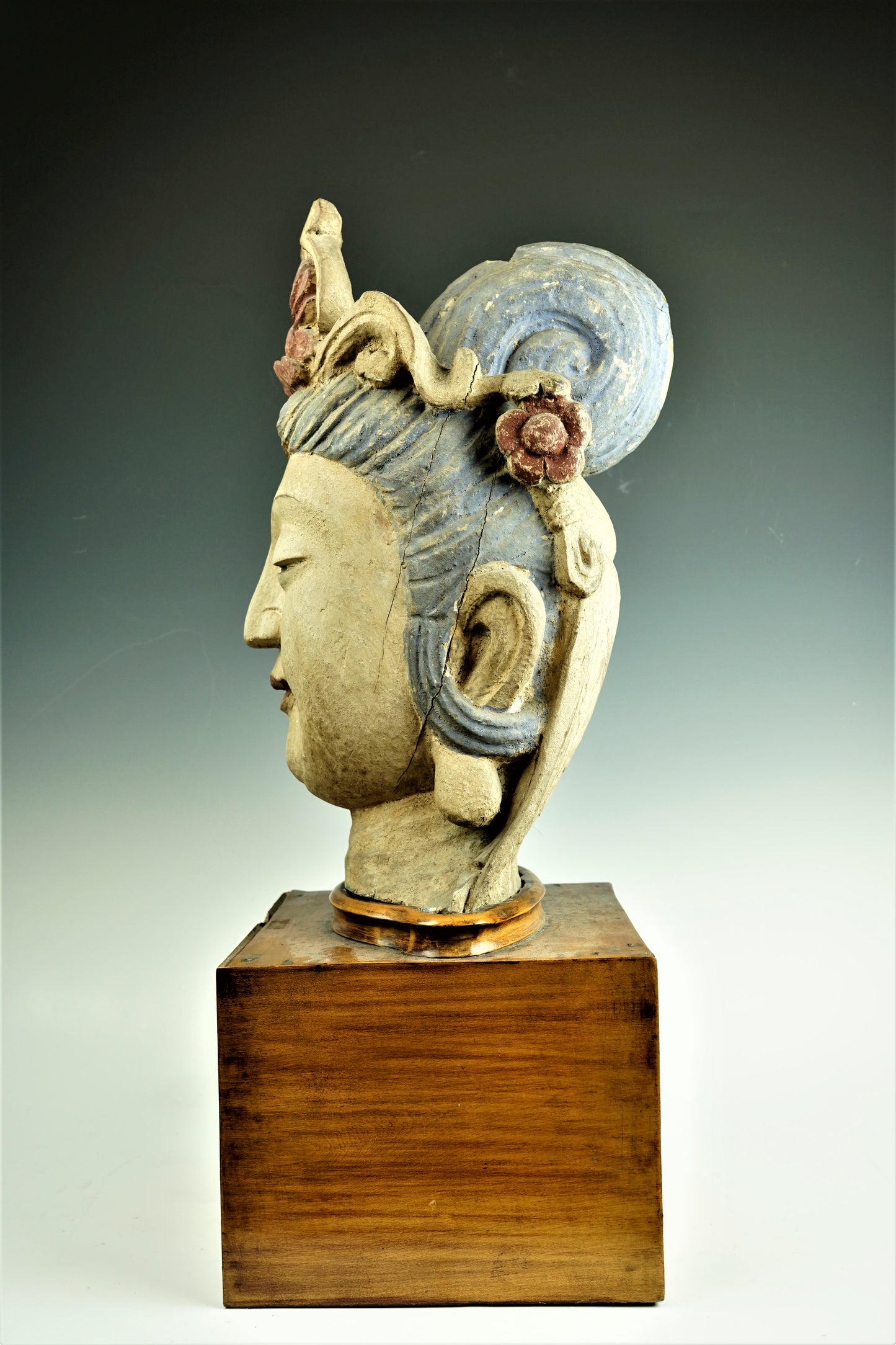 A Chinese Carved Wood Figure Of Guanyin Head