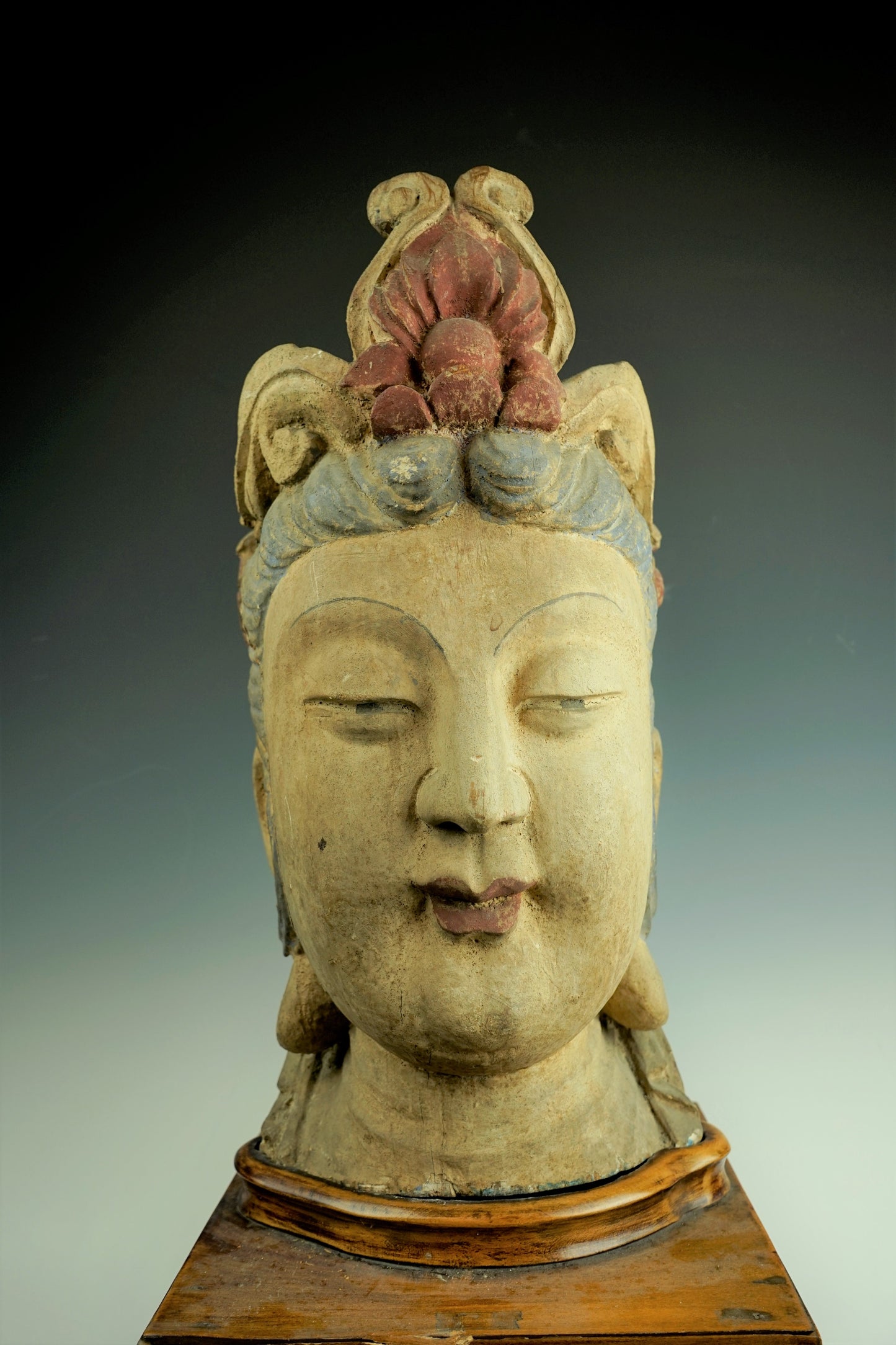 A Chinese Carved Wood Figure Of Guanyin Head
