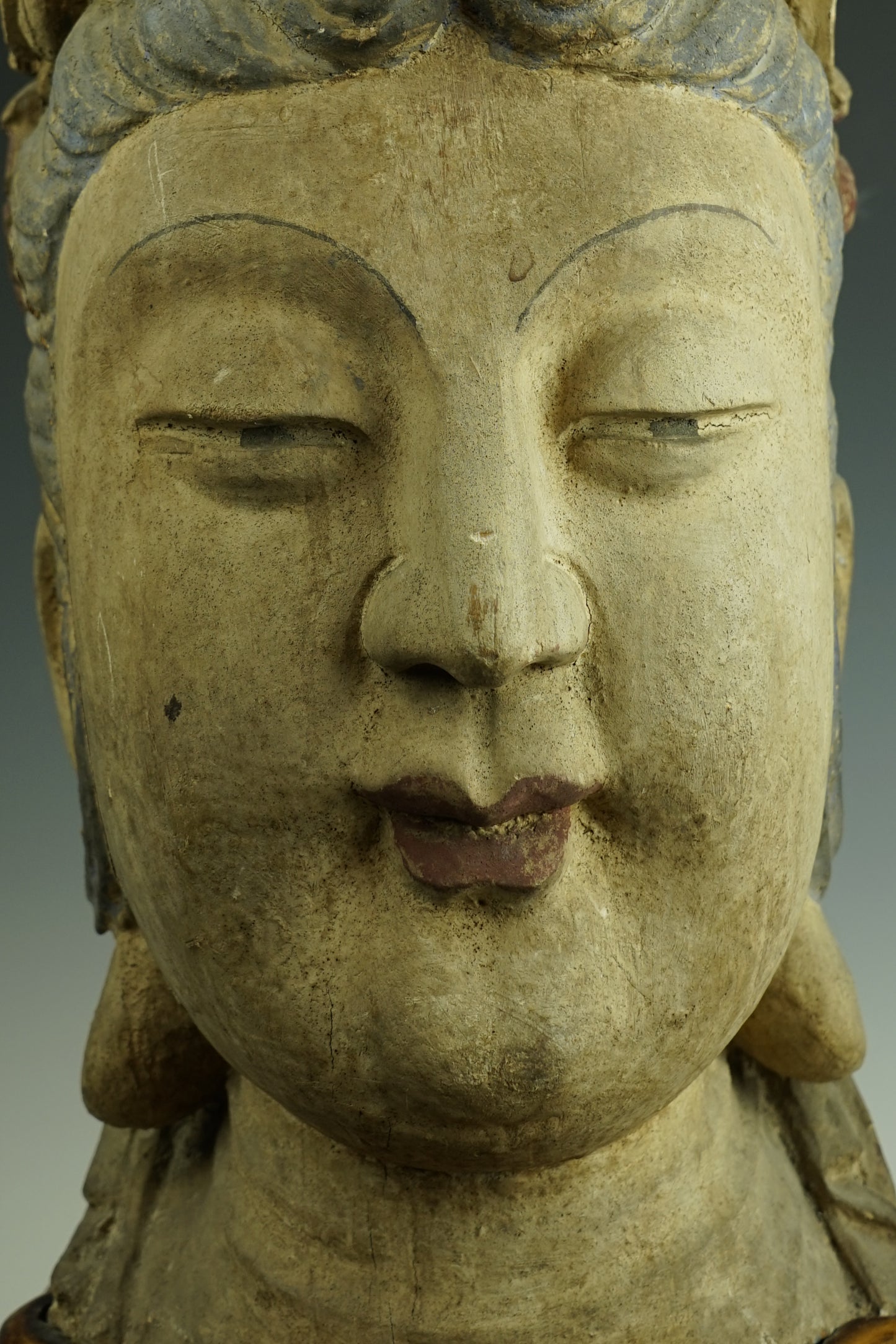 A Chinese Carved Wood Figure Of Guanyin Head